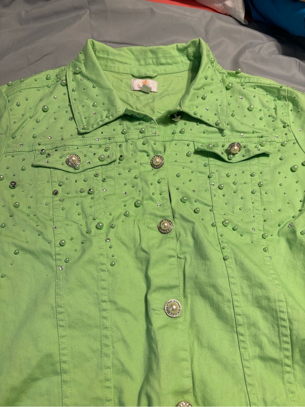 Quacker Factory Lime Green Pearl & Rhinestone Denim Jacket Plus Size 2X Flaws